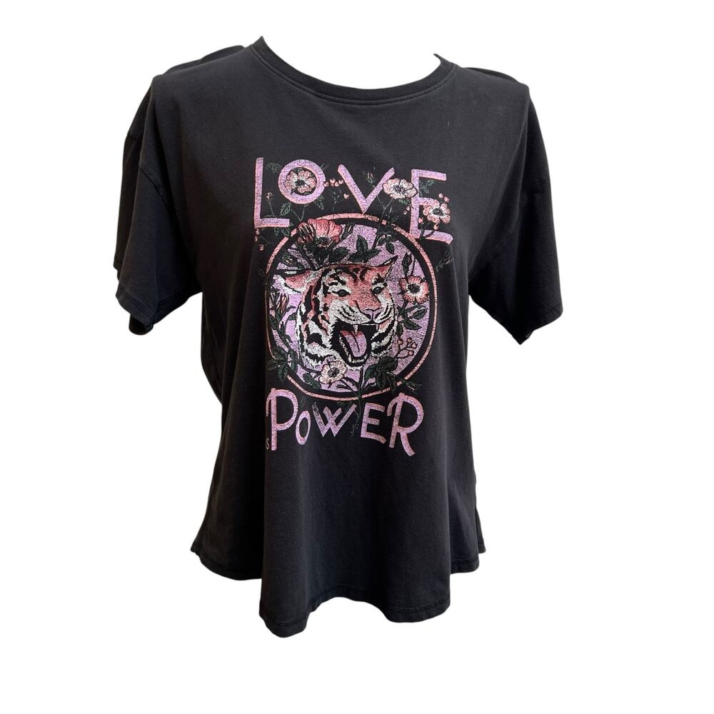 Anthropologie Black Love Power Tiger Graphic Short Sleeve Tee Shirt Size M